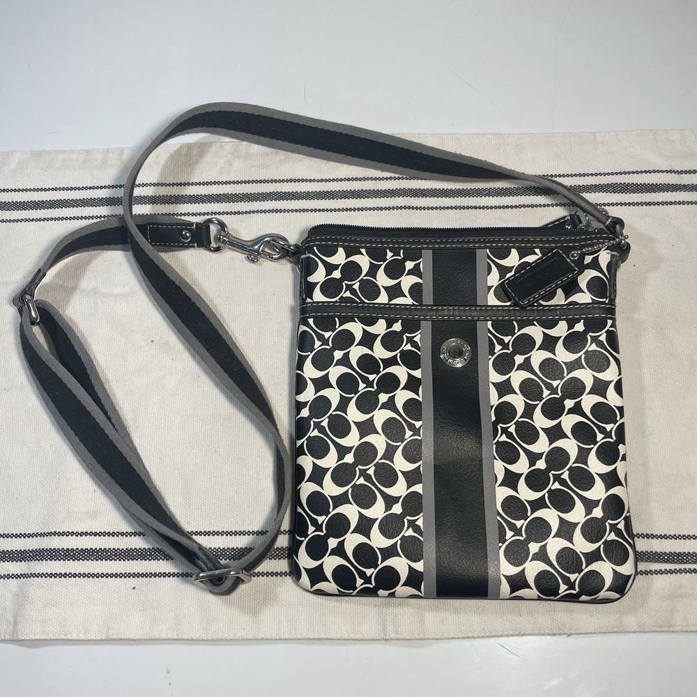 Coach Black White Logo Crossbody Bag Adjustable Strap Zip Closure Designer